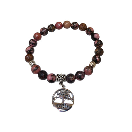 Bracelet Rhodonite avec Inserts et Arbre de Vie Acier Inox Pierres Rondes 8mm