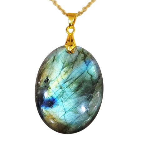 Pendentif Labradorite Ovale avec Chaîne Acier Plaqué Or