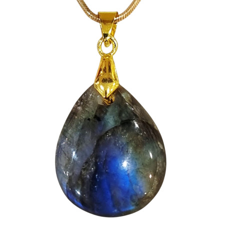 Pendentif Labradorite Goutte avec Chaîne Acier Plaqué Or