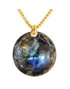 Pendentif Labradorite Rond avec Chaîne Acier Plaqué Or