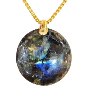 Pendentif Labradorite Rond avec Chaîne Acier Plaqué Or