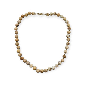 Collier Jaspe Paysage Pierres Rondes 8mm Fermoir Doré