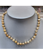 Collier Jaspe Paysage Pierres Rondes 8mm Fermoir Doré