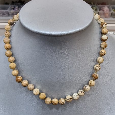 Collier Jaspe Paysage Pierres Rondes 8mm Fermoir Doré
