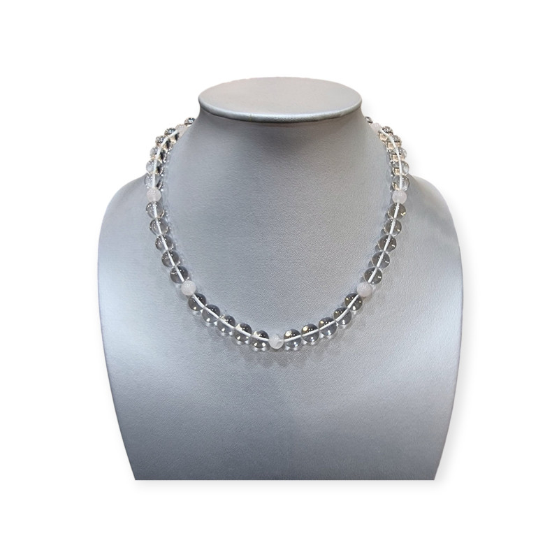 Collier Cristal de Roche et Quartz Rose Pierres Rondes Fermoir Argent 925 44cm