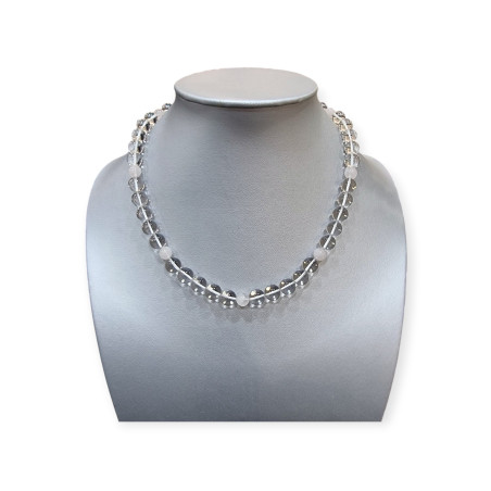 Collier Cristal de Roche et Quartz Rose Pierres Rondes Fermoir Argent 925 44cm