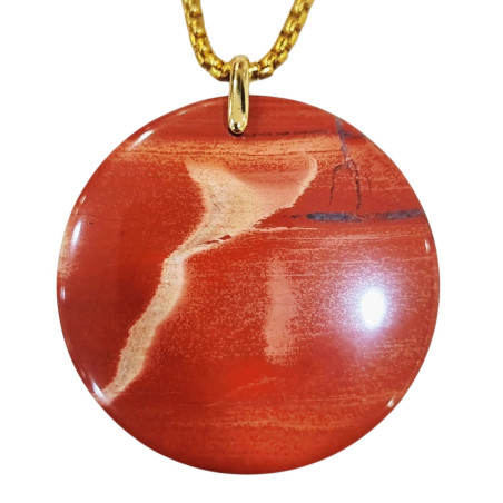 Pendentif Jaspe Rouge Rond avec Chaîne Acier Plaqué Or