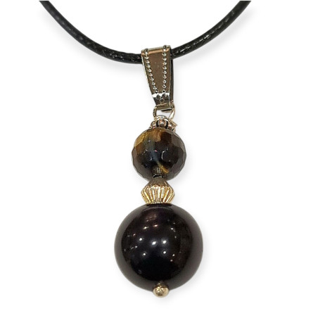 Pendentif Obsidienne Œil Céleste et Œil de Tigre Facetté sur Cordon