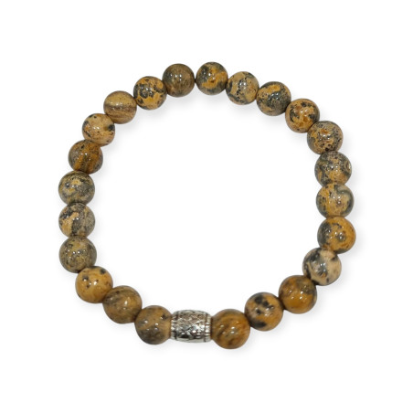 Bracelet Jaspe peau de Léopard avec Insert Acier Pierres Rondes 8mm