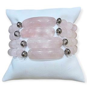 Bracelet Quartz Rose Plaque et Pierres Rondes 8mm