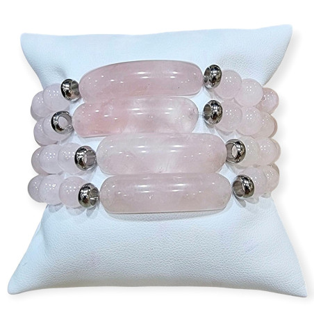 Bracelet Quartz Rose Plaque et Pierres Rondes 8mm