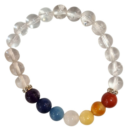 Bracelet Cristal de Roche 7 Chakras Pierres Rondes 8mm