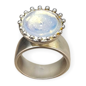 Bague Verre Opaline Argent 925 Tête Interchangeable