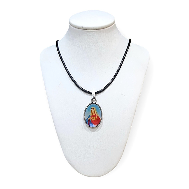 Pendentif Médaillon Bakélite Vierge Marie Sacré Cœur sur Cordon
