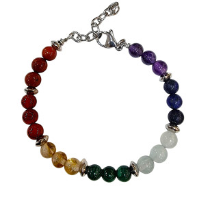 Bracelet 7 Chakras avec Inserts Argent Pierres Rondes 6mm sur Câble Acier
