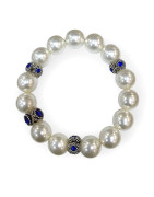 Bracelet Perles de Majorque Blanches avec Inserts Swarovski Bleu Nuit 14mm