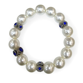Bracelet Perles de Majorque Blanches avec Inserts Swarovski Bleu Nuit 14mm