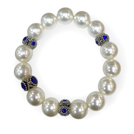 Bracelet Perles de Majorque Blanches avec Inserts Swarovski Bleu Nuit 14mm