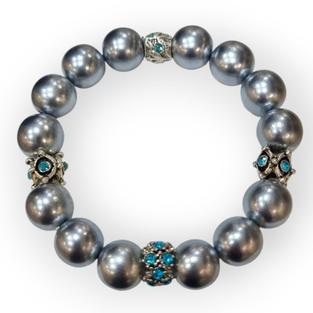 Bracelet Perles de Majorque Grises avec Inserts Swarovski Bleu Ciel 14mm