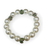 Bracelet Perles de Majorque Blanches avec Inserts Swarovski Bleu Nuit 14mm