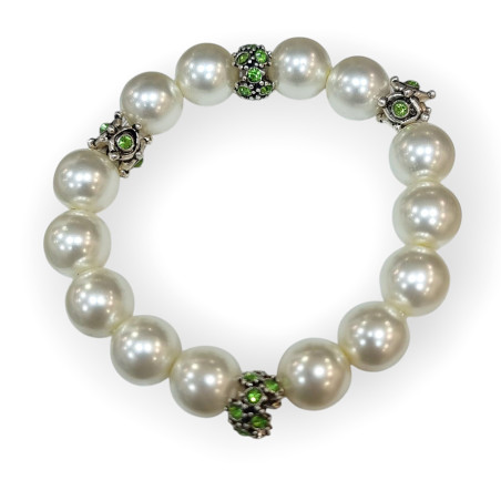Bracelet Perles de Majorque Blanches avec Inserts Swarovski Bleu Nuit 14mm