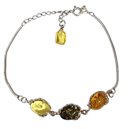 Bracelet Ambre Baltique et Vert Argent 925 avec Fermoir