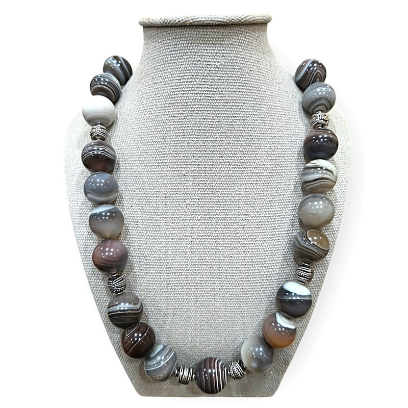 Collier Agate Botswana avec Inserts et Fermoir Acier Inox