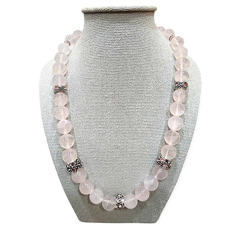Collier Quartz Rose avec Inserts Swarovski et Fermoir Acier Inox