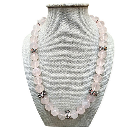 Collier Quartz Rose avec Inserts Swarovski et Fermoir Acier Inox