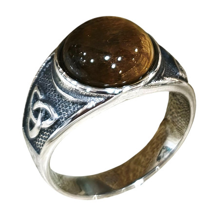 Bague Œil de Tigre Cabochon Type Chevalière Triskèle Acier Inox
