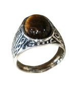 Bague Œil de Tigre Cabochon Type Chevalière Acier Inox