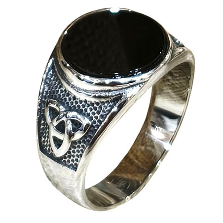 Bague Onyx Plate Type Chevalière Triskèle Acier Inox