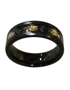 Anneau Tungstène Noir Imitation Feuilles d'Or Largeur 8mm