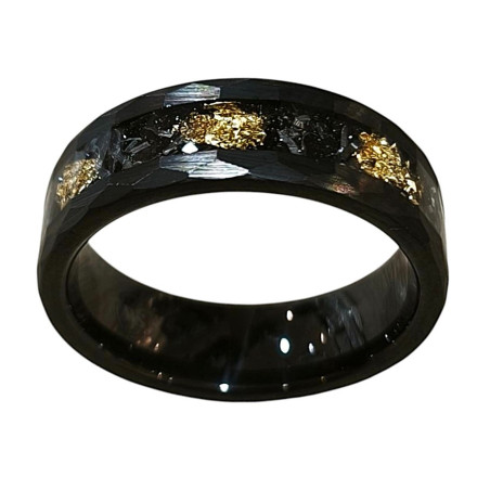 Anneau Tungstène Noir Imitation Feuilles d'Or Largeur 8mm