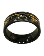 Anneau Tungstène Noir et Doré Imitation Feuilles d'Or Largeur 8mm