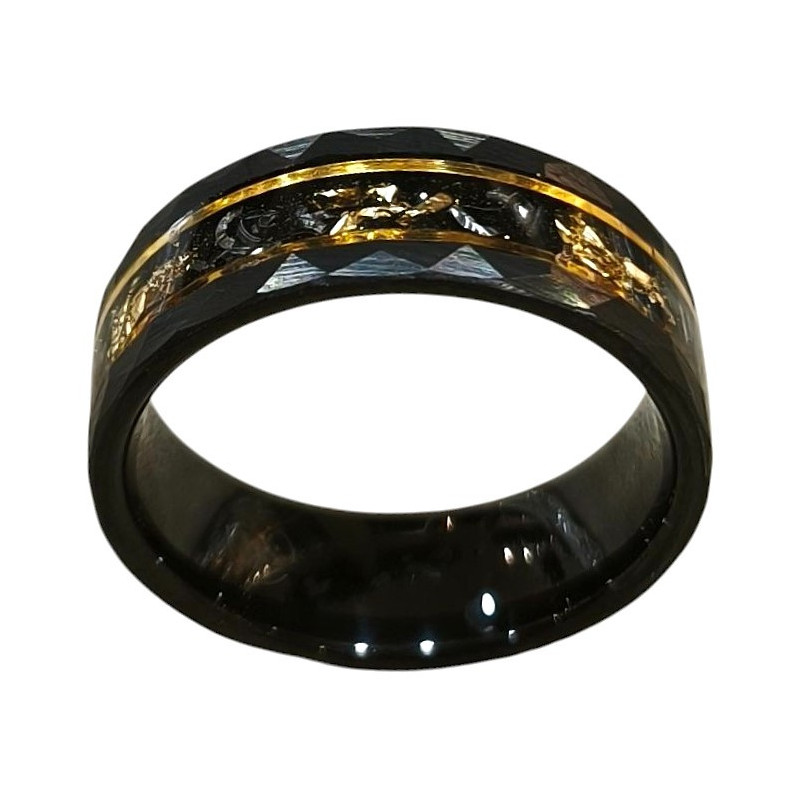 Anneau Tungstène Noir et Doré Imitation Feuilles d'Or Largeur 8mm