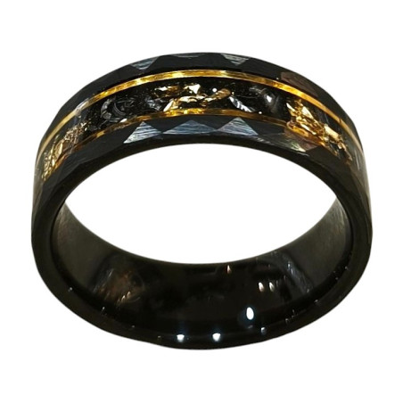 Anneau Tungstène Noir et Doré Imitation Feuilles d'Or Largeur 8mm