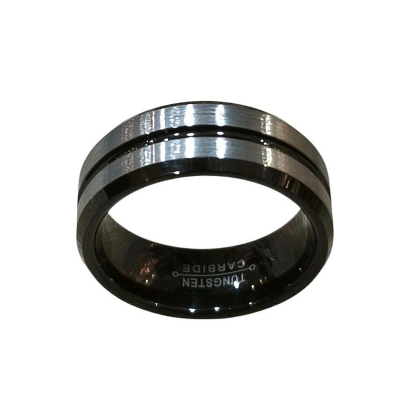 Anneau Tungstène Noir et Acier Largeur 8mm