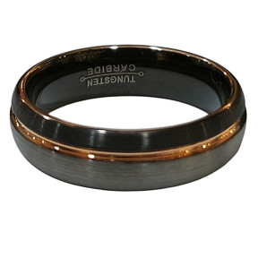 Anneau Tungstène Acier et Noir Liseré Plaqué Or Rose Largeur 4mm Taille 60