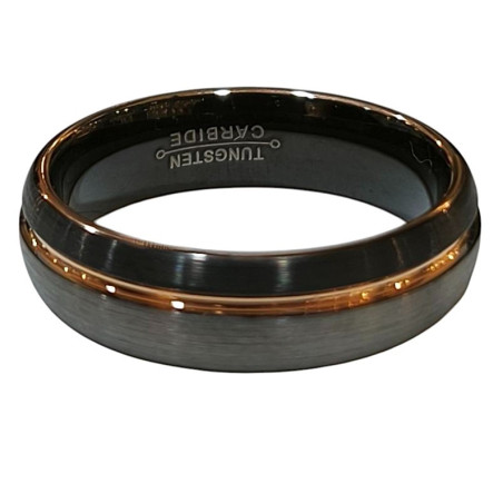 Anneau Tungstène Acier et Noir Liseré Plaqué Or Rose Largeur 4mm Taille 60