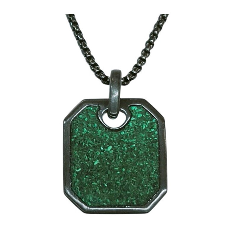 Pendentif Malachite Rectangulaire 23x20mm Acier Noir avec Chaîne 45 + 10cm