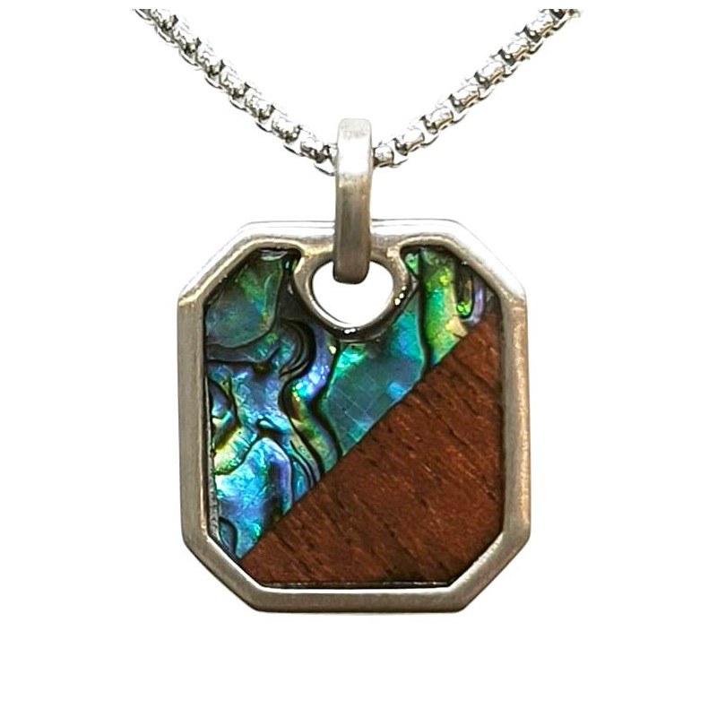 Pendentif Nacre Abalone et Bois Rectangulaire 23x20mm avec Chaîne 45 + 10cm Acier