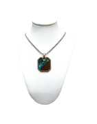 Pendentif Nacre Abalone et Bois Rectangulaire 23x20mm avec Chaîne 45 + 10cm Acier