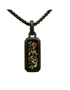 Pendentif Acier Noir 19x10mm Imitation Feuilles d'Or Incrustées avec Chaîne 45 + 10cm