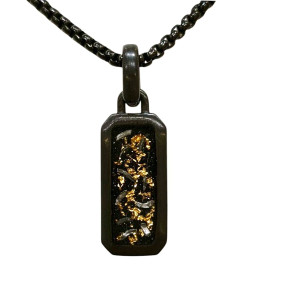 Pendentif Acier Noir 19x10mm Imitation Feuilles d'Or Incrustées avec Chaîne 45 + 10cm