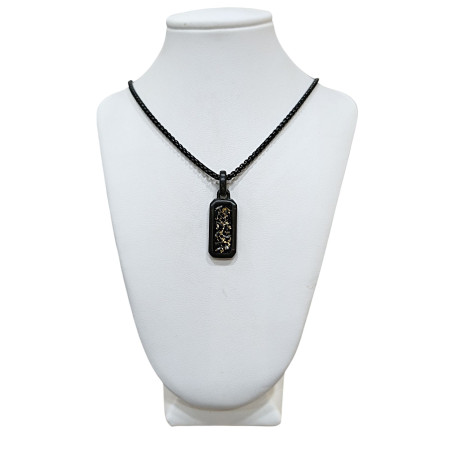 Pendentif Acier Noir 19x10mm Imitation Feuilles d'Or Incrustées avec Chaîne 45 + 10cm
