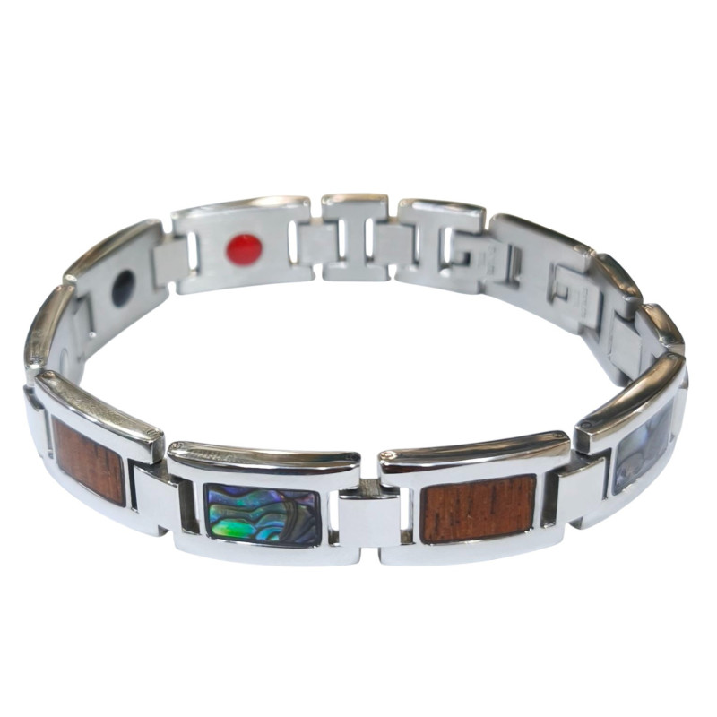 Bracelet Nacre Abalone et Bois en Acier Magnétique Longueur 21cm / largeur 12mm