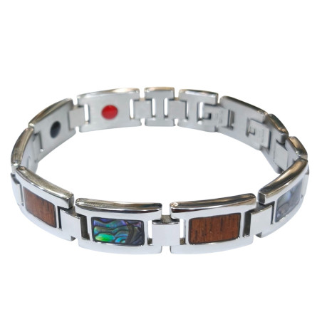 Bracelet Nacre Abalone et Bois en Acier Magnétique Longueur 21cm / largeur 12mm