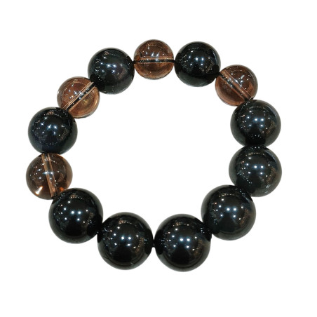 Bracelet Obsidienne Œil Céleste Pierres Rondes 16mm et Quartz Fumé Pierres Rondes 14mm