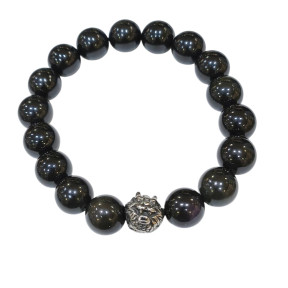 Bracelet Obsidienne Œil Céleste avec Insert Tête de Dragon Acier Pierres Rondes 10mm